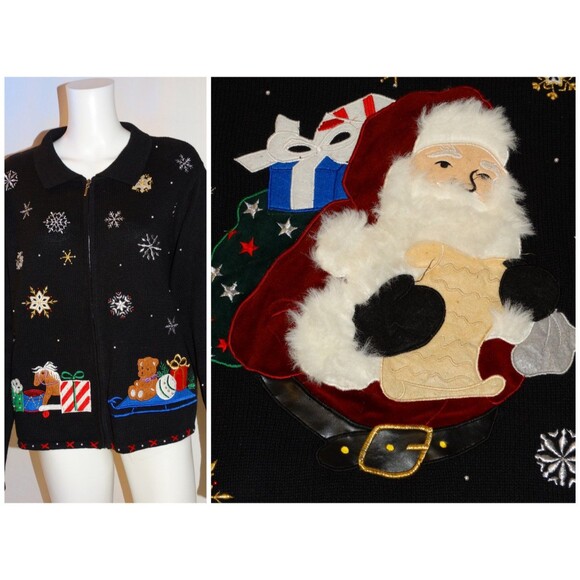 Vtg Design Originals Fuzzy Santa Christmas Cardigan "Ugly" Holiday Sweater - Picture 2 of 5